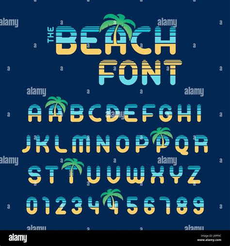 Complete beach alphabet letters and numbers font in yellow and blue with tropical palm trees ...