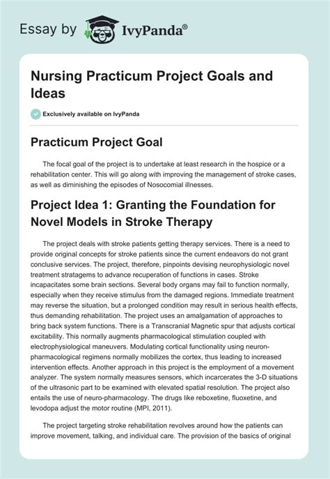 Nursing Practicum Project Goals and Ideas - 591 Words | Essay Example