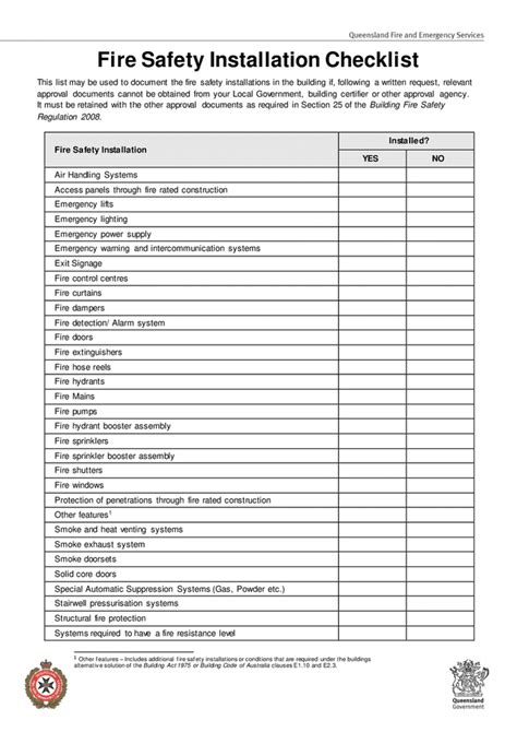 Fire safety installation checklist (Australia) in Word and Pdf formats