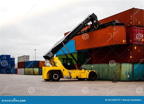 Forklift Handling Cargo Container. Freight Container Loading Stock Image - Image of storage ...