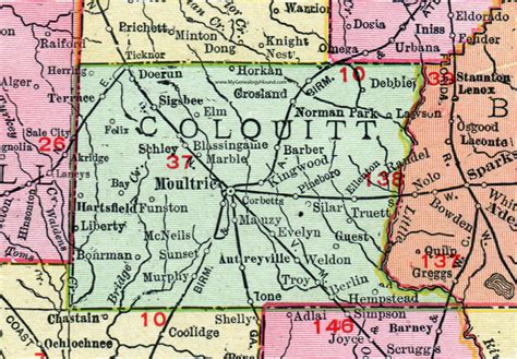 Colquitt County, Georgia, 1911, Map, Rand McNally, Moultrie, Doerun ...