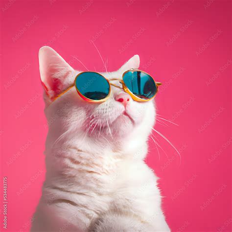 Funny cat with sunglasses on a pink background - digital art Stock ...