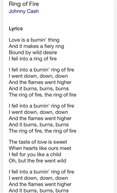 Ring of fire lyrics Johnny Cash. One of the best songs ever... | Fire lyrics, Johnny cash lyrics ...