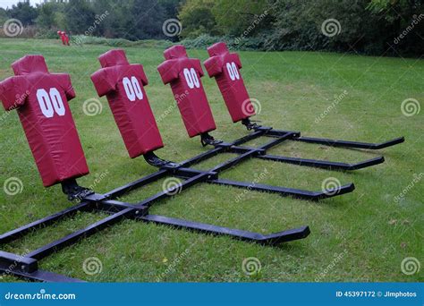 American Football Tackling Dummies In A Field Waiting For The Pr Stock ...