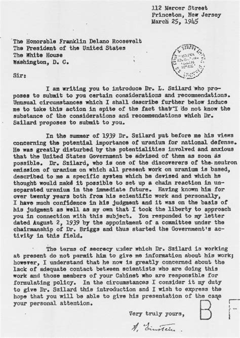 Einstein's Cautionary Letter to President Roosevelt