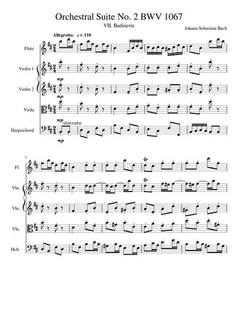 Bach Orchestral Suite No 2 BWV 1067 sheet music for Flute, Violin, Viola, Harpsichord download ...