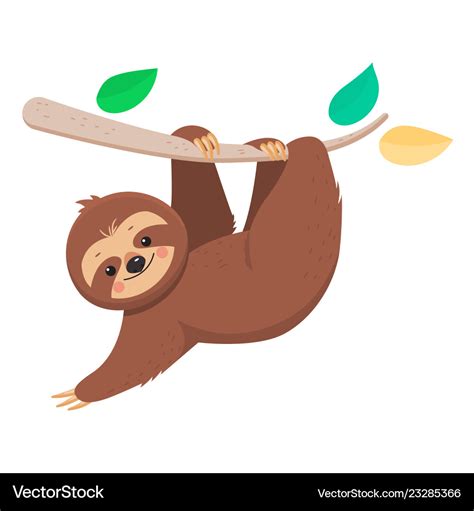 Joyful cute cartoon sloth hanging on a branch Vector Image