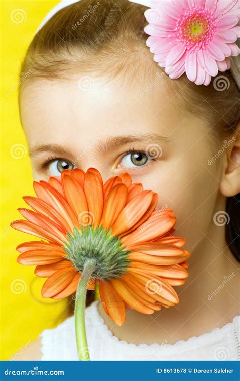 Little Smiling Girl with Flowers Stock Photo - Image of feeling ...