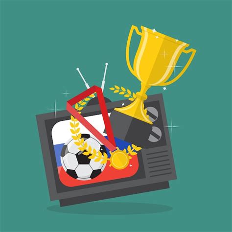 Premium Vector | Soccer ball and awards on television with russia flag background