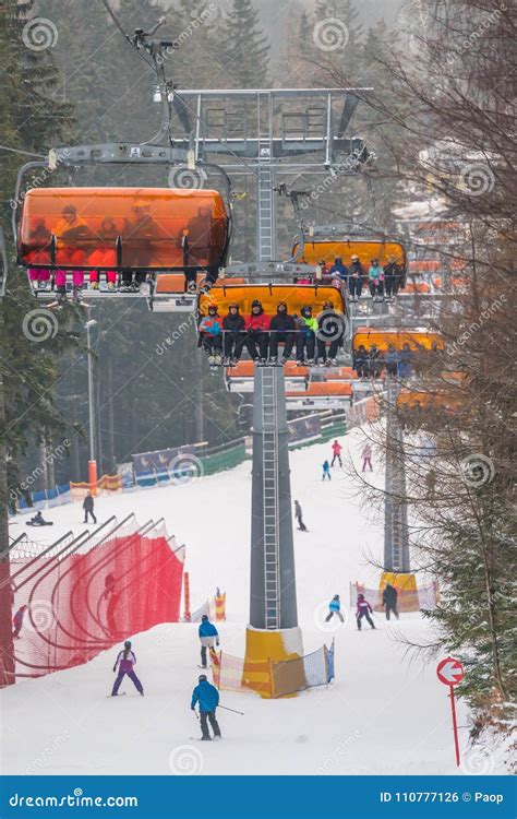 Ski lift in Karpacz resort editorial photo. Image of crowds - 110777126