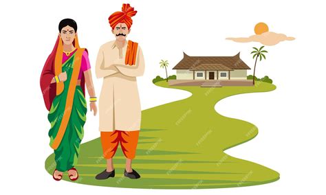 Premium Vector | Maharashtra man and woman in traditional dress standing in front of rural home