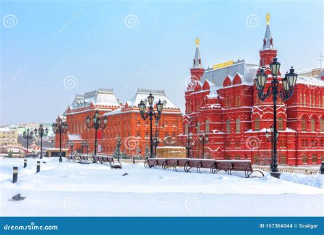 Moscow in Cold Winter, Russia. Scenery of Old Historical Buildings on the Snowy Manezhnaya ...