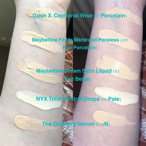 Pale Foundation Swatches comparing Maybelline Fit Me Matte & Poreless (095 Fair Porcelain) and ...