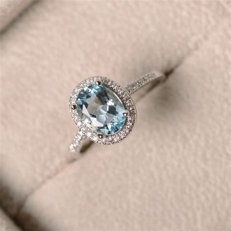 March Birthstone Aquamarine Ring Sterling Silver Halo Ring - Etsy