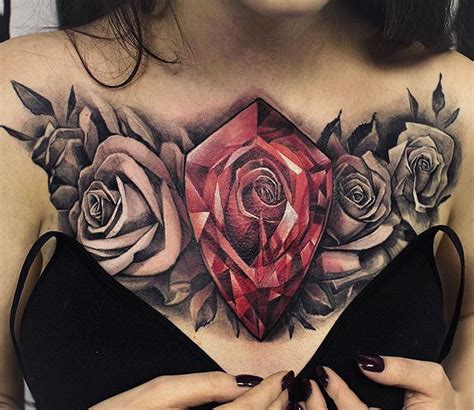 Rose Diamond Chest Tattoo Rose Chest Tattoo, Small Chest Tattoos, Chest Piece Tattoos, Chest ...