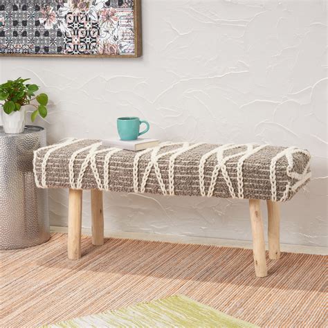 Noble House Anamta Handcrafted Boho Fabric Rectangular Bench, Gray ...