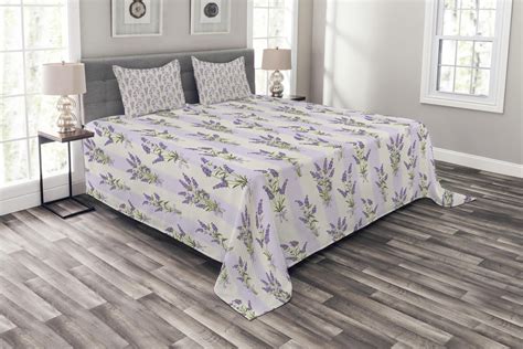 Lavender Bedspread Set Queen Size, Stripes and Flowers with Ribbons ...