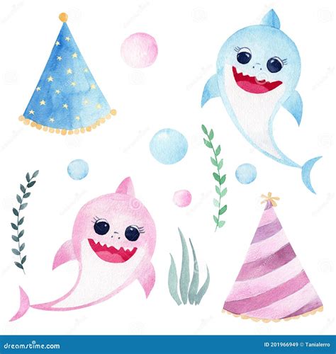 Baby Shark Watercolor Clipart. Hand Painted Smiling Sharks, Sea Greenery, Party Hats and Drops ...