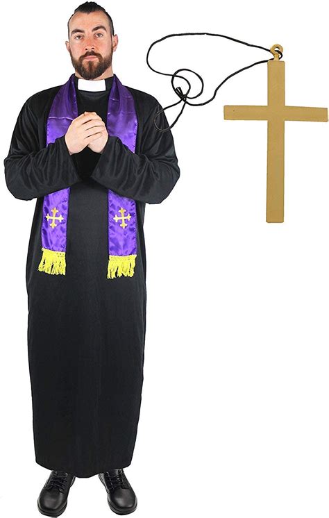 PRIEST COSTUME MENS FANCY DRESS WITH CROSS VICAR OUTFIT BLACK LONG TUNIC ROBE WITH WHITE COLLAR ...