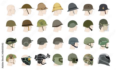 Vector illustration of old and modern Military helmets. Helmets of various armies throughout ...