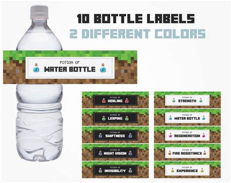 Minecraft Bottle Labels, Minecraft Bottle Wraps, Minecraft Decoration, Minecraft Water, Mi ...