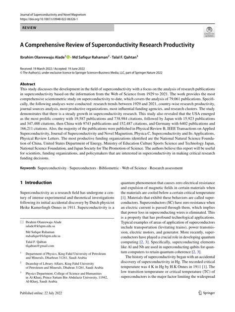 (PDF) A Comprehensive Review of Superconductivity Research Productivity