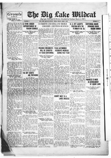 The Big Lake Wildcat (Big Lake, Tex.), Vol. 10, No. 35, Ed. 1 Friday, April 3, 1936 - Page 1 of ...