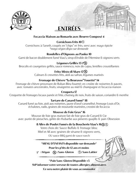 Menu au Taverne de la Ferme pub et bar, Canada