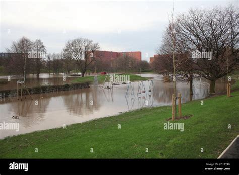 Salford Peel Park flooded 2015, Irwell river flooding Stock Photo - Alamy