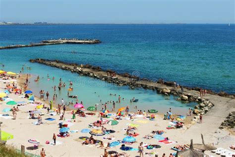 Eforie Nord beach top view editorial stock photo. Image of umbrella - 181693768