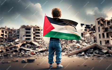 Premium AI Image | Palestine Kid Hodling Palestine Flag in front of Buildings