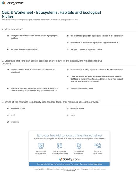 Ecological Niche Worksheets