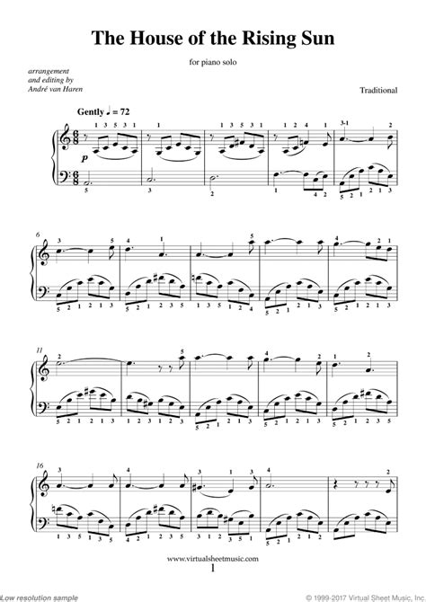 Download and Print The House of the Rising Sun sheet music for piano ...