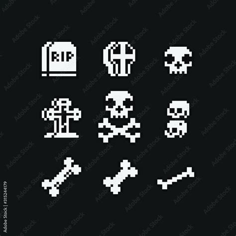 1bit bones pixel art icons, grave and skull. Design for logo game ...