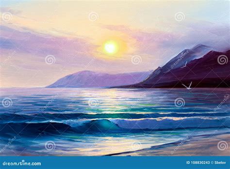 Sunrise Over Sea. Painting Seascape. Stock Image - Image of ecology ...