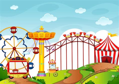 Free Vector | Themepark scene with many rides and happy children