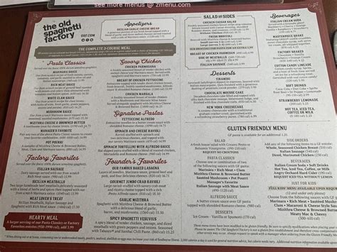 Menu at The Old Spaghetti Factory restaurant, Westminster