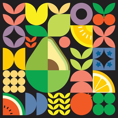 Geometric summer fresh fruit cut artwork poster with colorful simple shapes. Scandinavian style ...