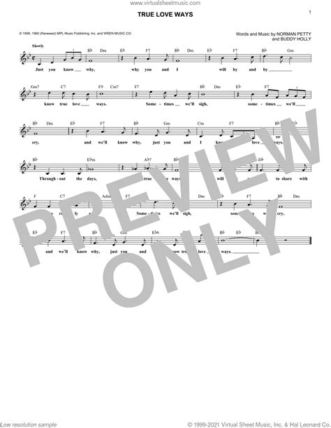 True Love Ways sheet music (fake book) (PDF-interactive)