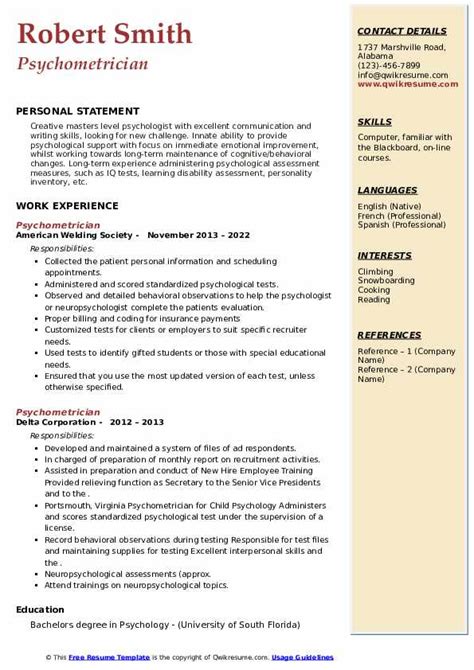 Psychometrician Resume Samples | QwikResume