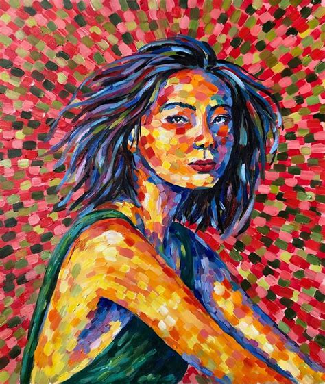 In harmony - modern colorful portrait of asian girl in pointillism ...