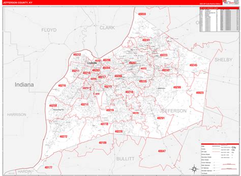 Jefferson County, KY Zip Code Wall Map Red Line Style by MarketMAPS - MapSales