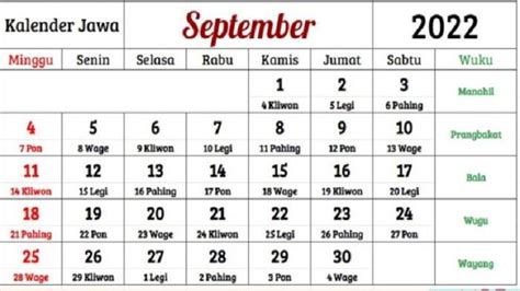 Kalender Jawa Hari Ini, Bulan September 2022 Tanggal 9 September Jumat Pon - Tribunjateng.com