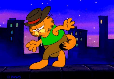 an animated cat with a hat and green t - shirt is dancing in the night