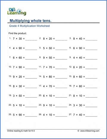 4th grade multiplication worksheets free 4th grade math - 66 math worksheets for grade 4 k5 ...