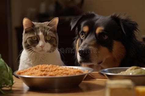 Funny Scene of Dog Eating Human Food, and Cat Looking on in Disapproval ...