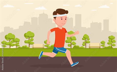 Man jogging in park amid a big city. Cartoon illustration of a r Stock Vector | Adobe Stock