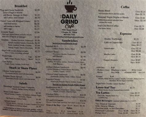 Menu at The Daily Grind Cafe, Chapin