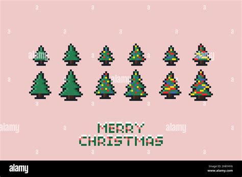 Vector pixel art illustration holiday set of Pixel art Merry Christmas tree. Flat design 8 bit ...