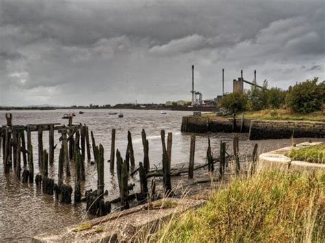 Colour view of derelict harbour at Alloa. In the foreground are the remains of a timber pier ...